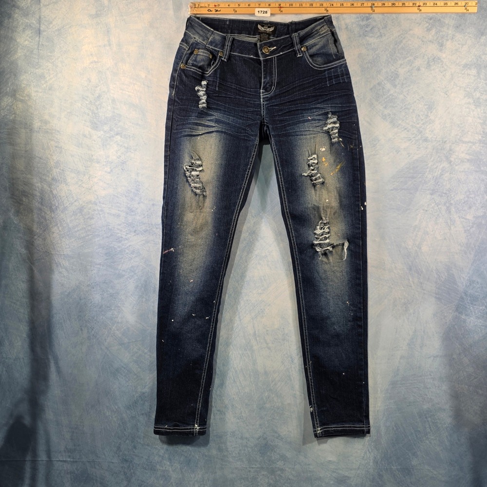 RB Premium Denim Womens Distressed Paint Splatter Skinny Jeans Dark Wash Sz9/10‎